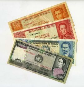 БОЛИВИЯ - набор 4 банкноты 1962-1982гг. VF+ XF