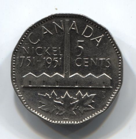 5 центов 1951 Канада 200 лет открытию никеля