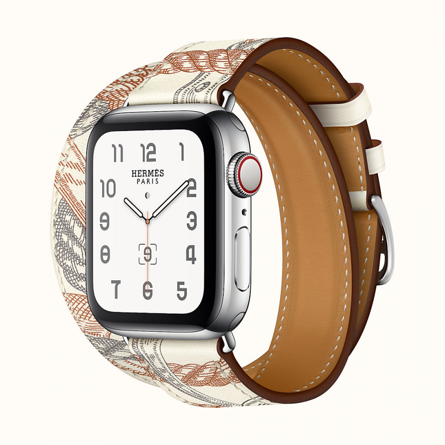 Часы Apple Watch Hermès Series 6 GPS + Cellular 40mm Silver Stainless Steel Case with Double Tour Band in White Swift Calfskin and All-over Della Cavalleria Print