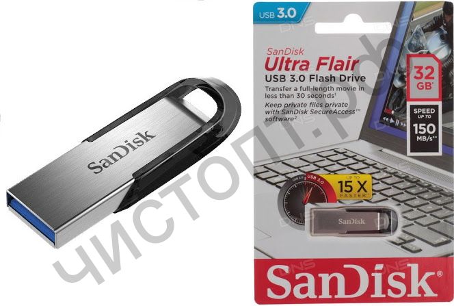 флэш-карта USB 3.0 SanDisk 32GB Ultra Flair  корпус металл/чёрный