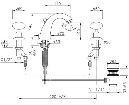 Смеситель для раковины Nicolazzi 2108 с донным клапаном схема 1