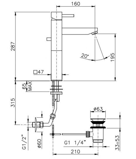 Высокий смеситель для раковины Nicolazzi Monocomando Antelao схема 1