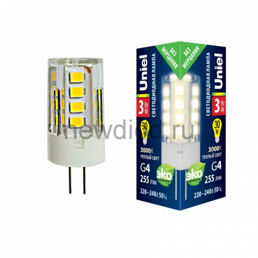 Лампа светодиодная LED-JC-220/3W/G4/CL 3000К прозрачная Uniel