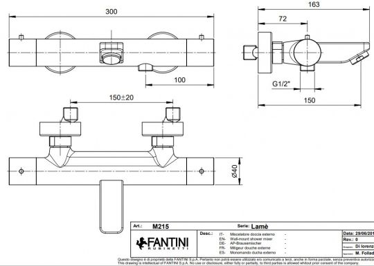 Настенный смеситель для ванны и душа Fantini Lame M215 с терморегулятором ФОТО