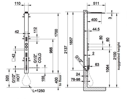 Душевая панель с термостатом Gessi 39802 схема 1
