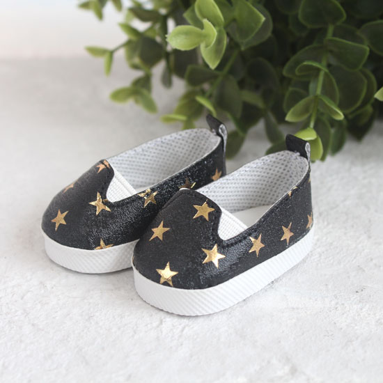 Обувь для кукол - Мокасины черные с золотыми звездами, 6 см.
