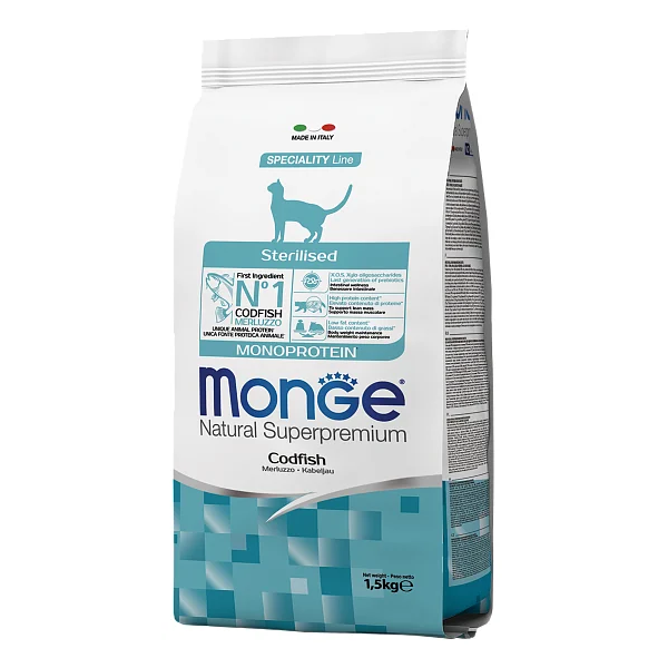 Сухой корм для стерилизованных кошек Monge Monoprotein с треской 1.5 кг