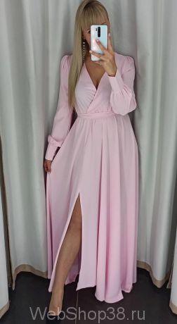 Розовое вечернее платье в пол с разрезом и рукавами