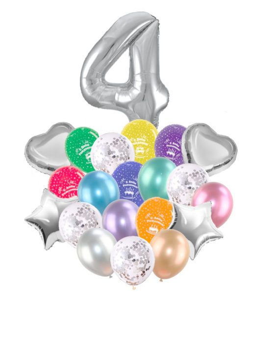 Воздушные шары набор «С Днем Рождения» с цифрой 4 серебро