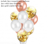 Розовое золото, белые латексные шары и шары с конфетти золото