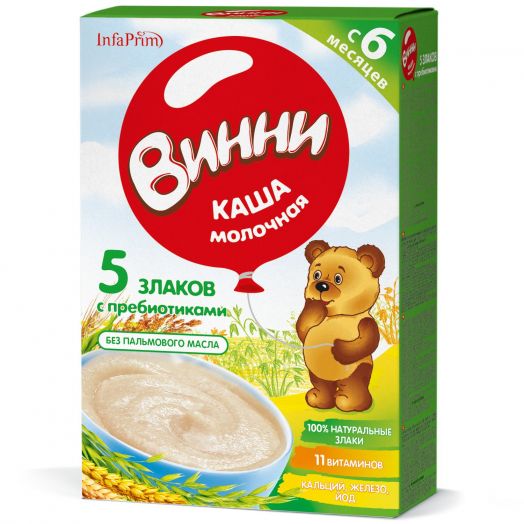 Каша Винни 200г Молочная 5 Злаков + пребиот, д/дет.с 6мес.