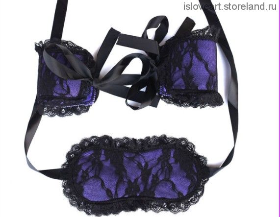 Кружевной набор: маска, наручники, Цвет фиолетовый с чёрным