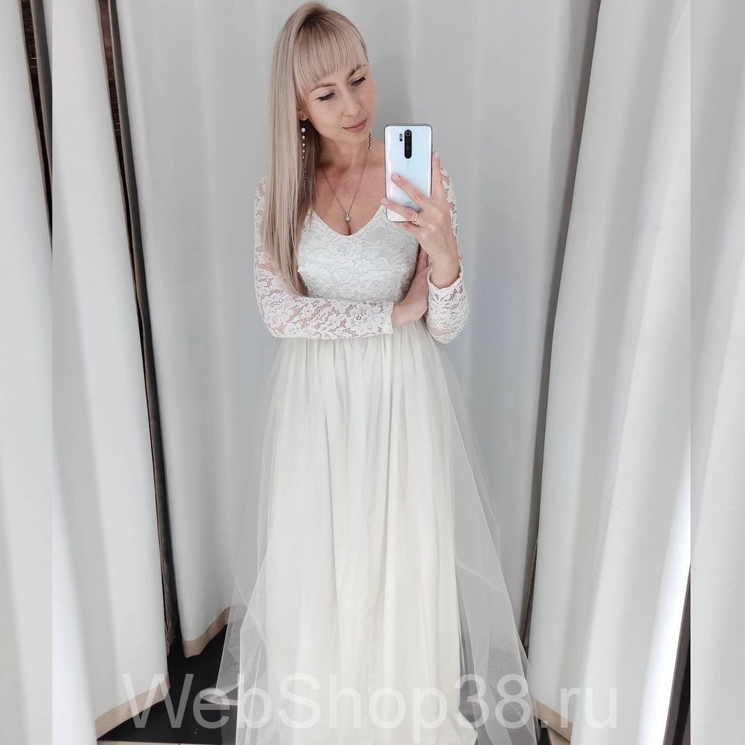 Шикарное белое вечернее платье из гипюра атласа и фатина