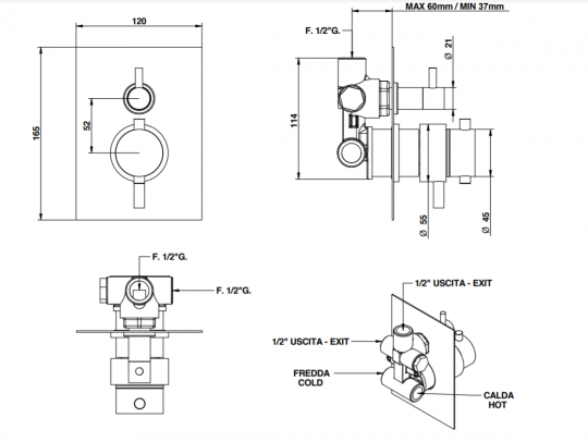 Термостатический смеситель для душа Bongio T SQUARE 52569 схема 2