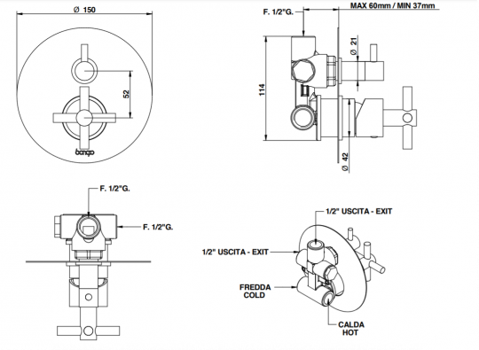 Вентильный смеситель для душа Bongio T CROSS/T LEVER 30319 схема 2