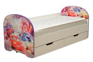 Кровать детская Тачки, с фотопечатью с 2-мя ящиком 800*1900 лдсп ЛЕВАЯ белый