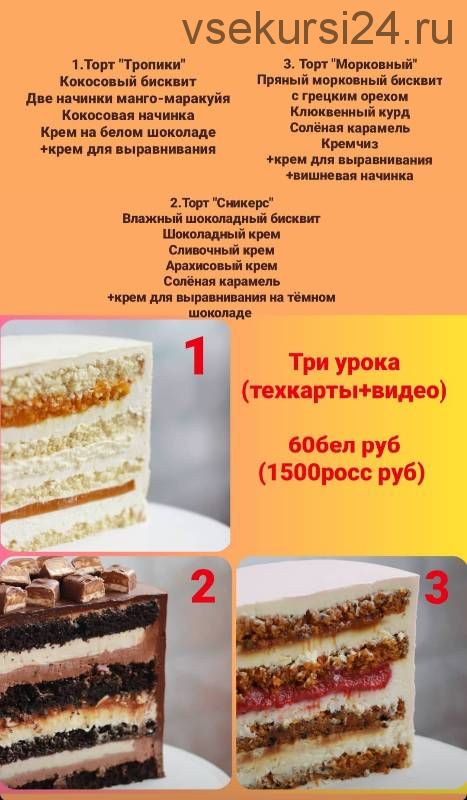 3 урока (техкарты + видео). Сникерс, тропики, морковный торт (koleda_cake)
