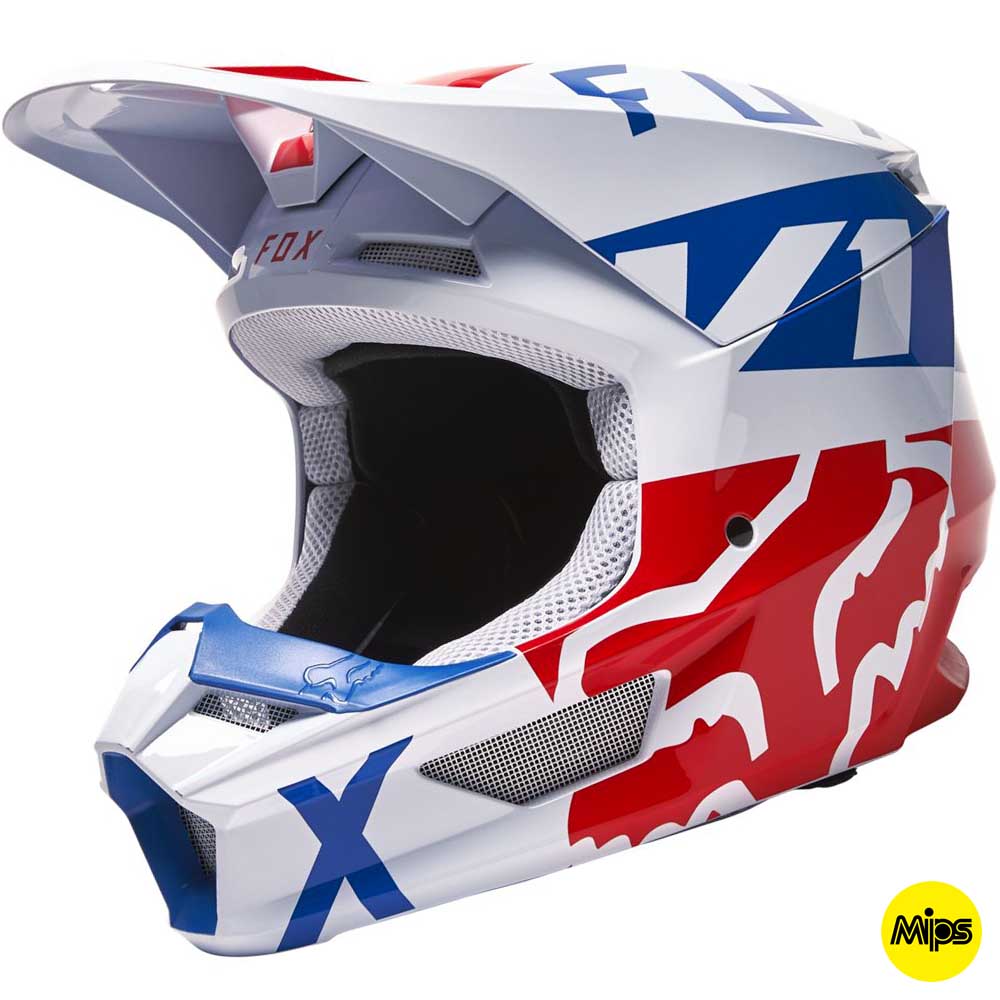 Fox V1 Skew White/Red/Blue MIPS (2022) шлем внедорожный