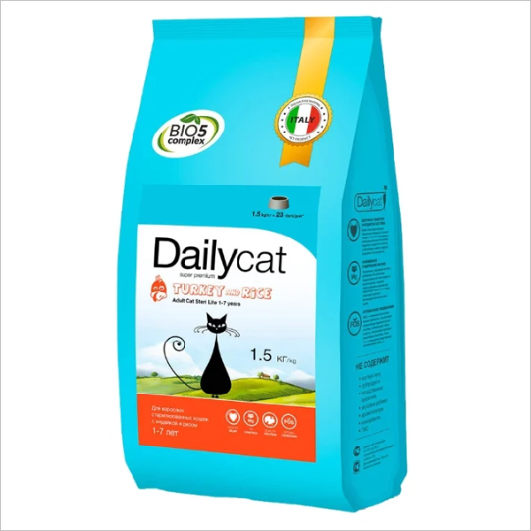 Сухой корм для кошек DailyCat Adult Turkey & Rice с индейкой и рисом 1.5 кг