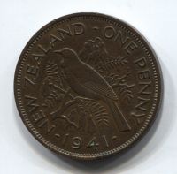1 пенни 1941 Новая Зеландия Редкий год XF+