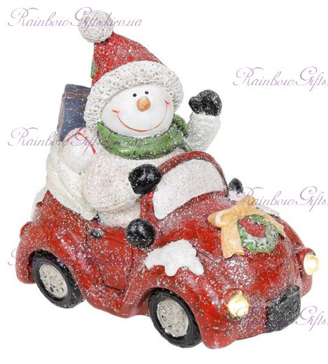 Фигурка новогодняя с Led подсветкой 18 см "Снеговик на машине"