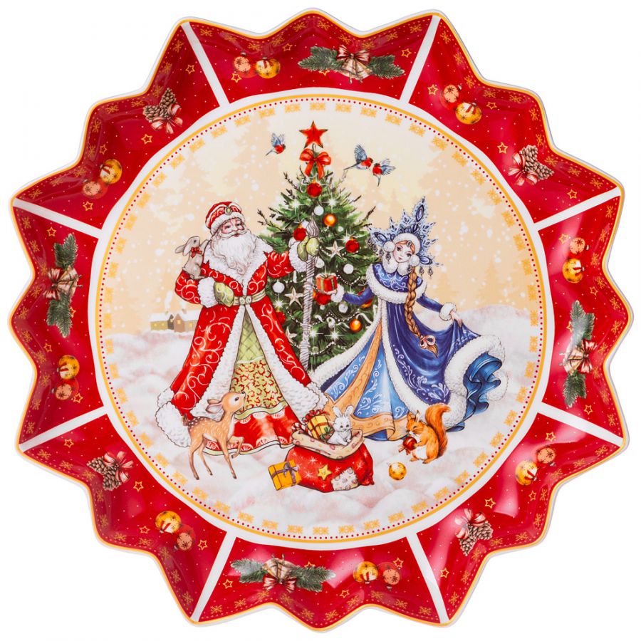 Блюдо "Дед мороз и снегурочка" 38 см красное