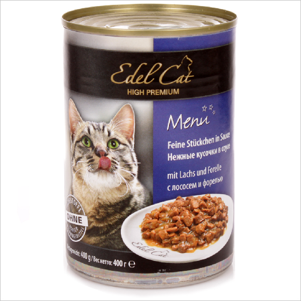 Влажный корм для кошек Edel Cat нежные кусочки в соусе с лососем и форелью