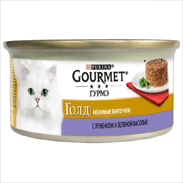 Влажный корм для кошек Gourmet Gold нежные биточки с ягненком и зеленой фасолью