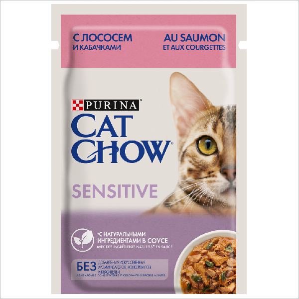 Влажный корм для кошек Cat Chow Sensitive кусочки в соусе с лососем и кабачком