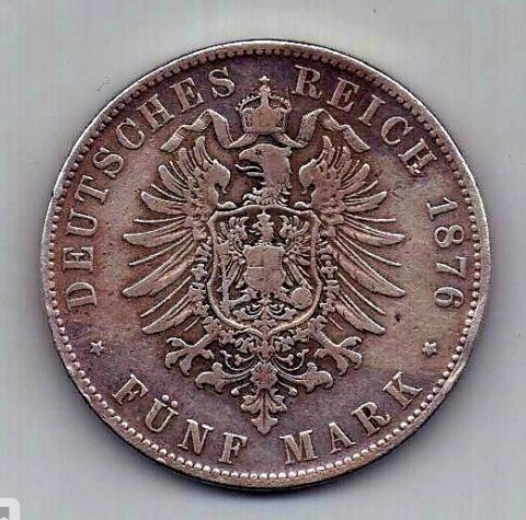 5 марок 1876 Бавария Германия XF