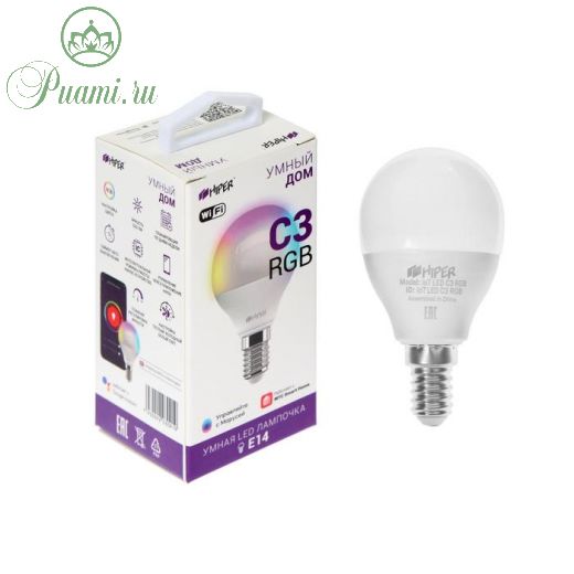 Умная LED лампа HIPER, Wi-Fi, Е14, Р45, 6 Вт, 2700-6500 К, 520 Лм, RGB