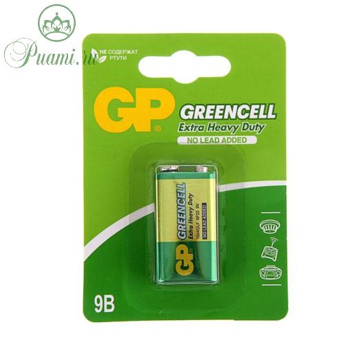 Батарейка солевая GP Greencell Extra Heavy Duty, 6F22-1BL, 9В, крона, блистер, 1 шт.
