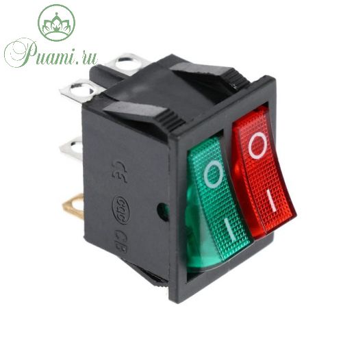 Клавишный выключатель двойной, 250 В, 15 А, ON-OFF, 6с, красный/зеленый, с подсветкой