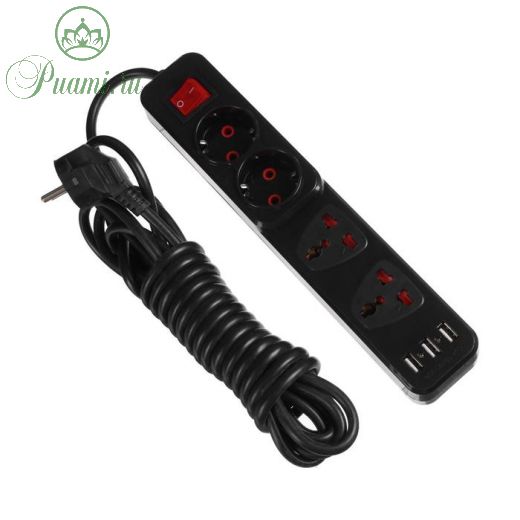 Удлинитель Luazon Lighting, 2 евро+2 унив.роз., 5 м, 2200Вт, 2х0.5 мм2, 3хUSB, с выкл., Ч