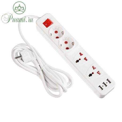 Удлинитель Luazon Lighting, 2 евро+2 унив.роз., 3 м,2200Вт, 2х0.5 мм2, 3хUSB, с выкл., Б