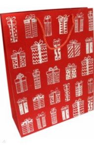 Пакет подарочный новогодний, Красный с подарочками
