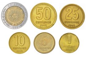 Набор Аргентина 199х годов 6шт - 1 песо, 50,25,10,5,1 сентаво. UNC