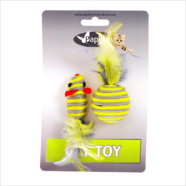 Игрушка для кошек Papillon Мышка и мячик серо-желтые с перьями 5+4см