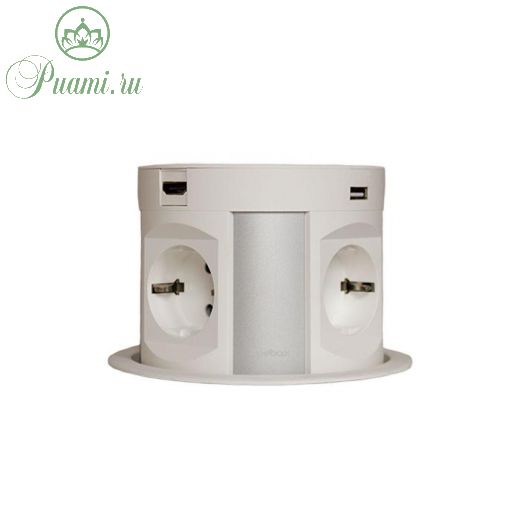 Блок розеток mebax 107J, 4 секции, 2 USB+2 HDMI, полуавтомат., d=120 мм, цвет серебро/белый   687862