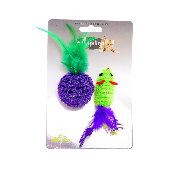 Игрушка для кошек Papillon Мышка и мячик двухцветные с перьями 5+4см