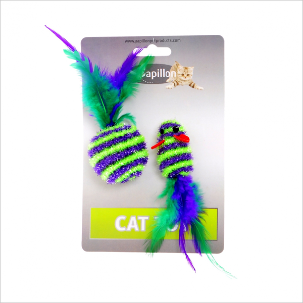Игрушка для кошек Papillon Мышка и мячик пушистые в полоску с перьями 5+4см