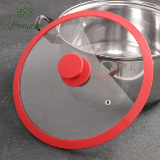 Крышка для сковороды и кастрюли Доляна стеклянная с силиконовым ободком и ручкой, d=26 см, цвет красный