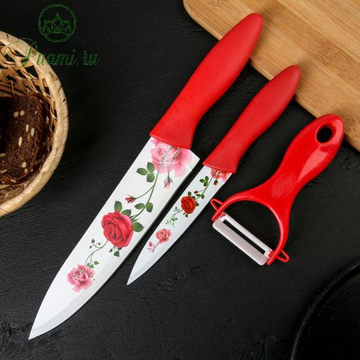 Набор кухонный Доляна «Нарцисс», 3 предмета: 2 ножа с антиналипающим покрытием, лезвие 12 см, овощечистка, 20?4 см, цвет красный