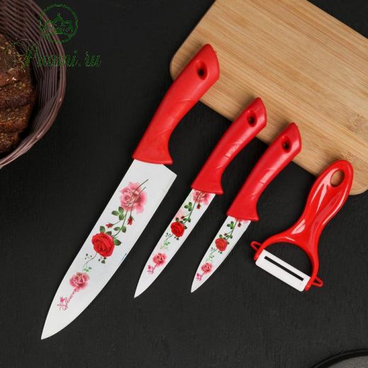 Набор кухонный, 4 предмета: 3 ножа с антиналипающим покрытием, лезвие 8,5 см, 12 см, 20 см, овощечистка, цвет красный