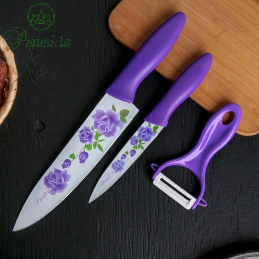 Набор кухонный Доляна «Нарцисс», 3 предмета: 2 ножа с антиналипающим покрытием, лезвие 12 см, овощечистка, 20?4 см, цвет фиолетовый