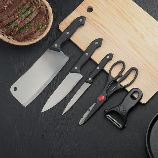Набор кухонный, 5 предметов: ножи 8 см, 16,5 см, 17 см, ножницы, овощечистка