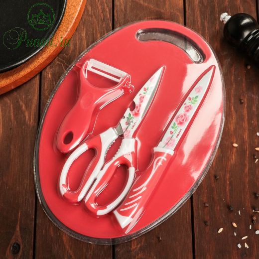 Набор кухонный, 3 предмета: нож, ножницы с антиналипающим покрытием, овощечистка, цвет красный