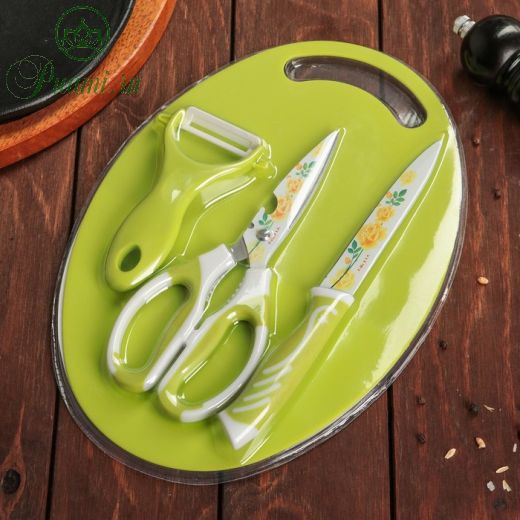 Набор кухонный, 3 предмета: нож, ножницы с антиналипающим покрытием, овощечистка, цвет зелёный