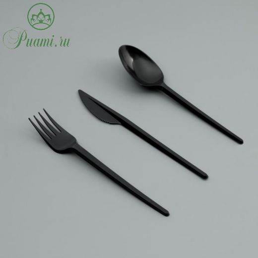 Набор одноразовой посуды "Вилка, ложка, нож" черный цвет, 16,5 см