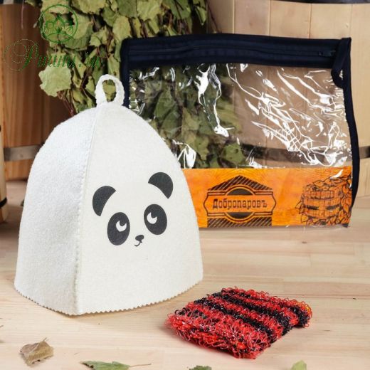 Набор для бани детский "Панда" в косметичке: шапка с принтом, мочалка